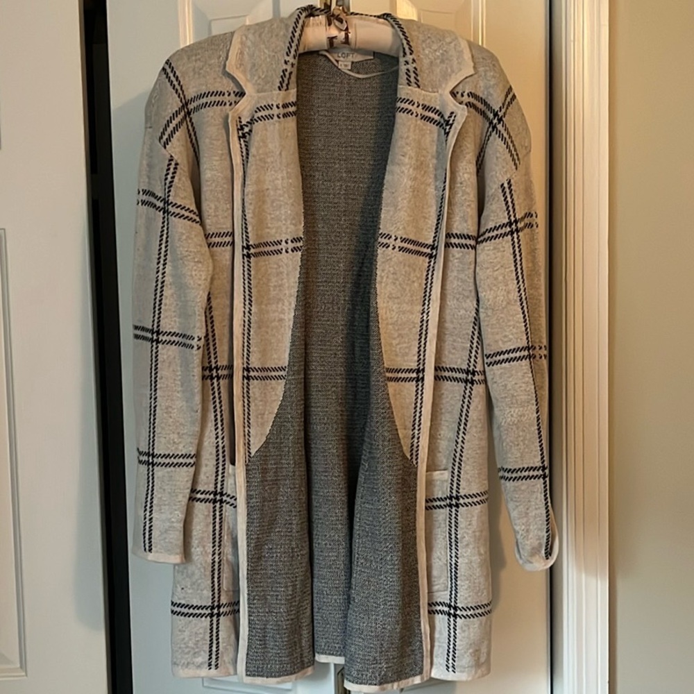 Loft Cream and Black Windowpane Plaid Cardigan size M
